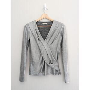 EUC Women's Ramy Brook Faux-Wrap Blouse Silver Long Sleeve Size Small Metallic